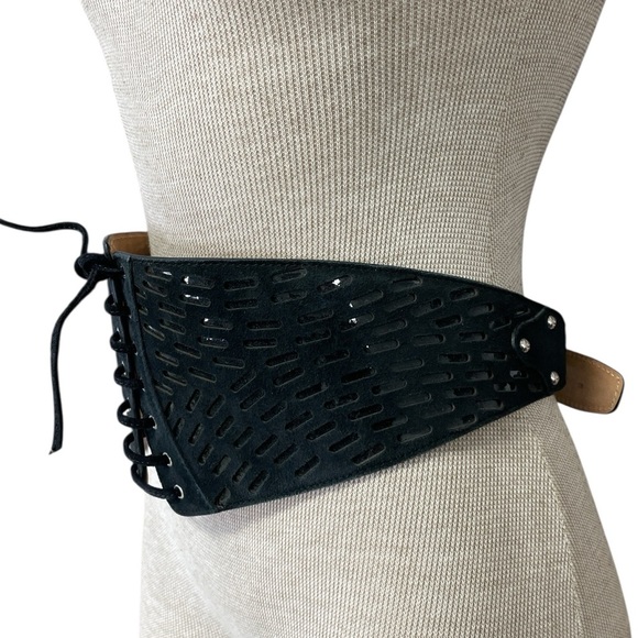 ALAIA PARIS Belt Black Leather Lace-Up Corset Laser Cut Italy 75 Size Medium